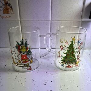 Set of 2 Grinch Christmas Glass Mugs with Tree Artwork